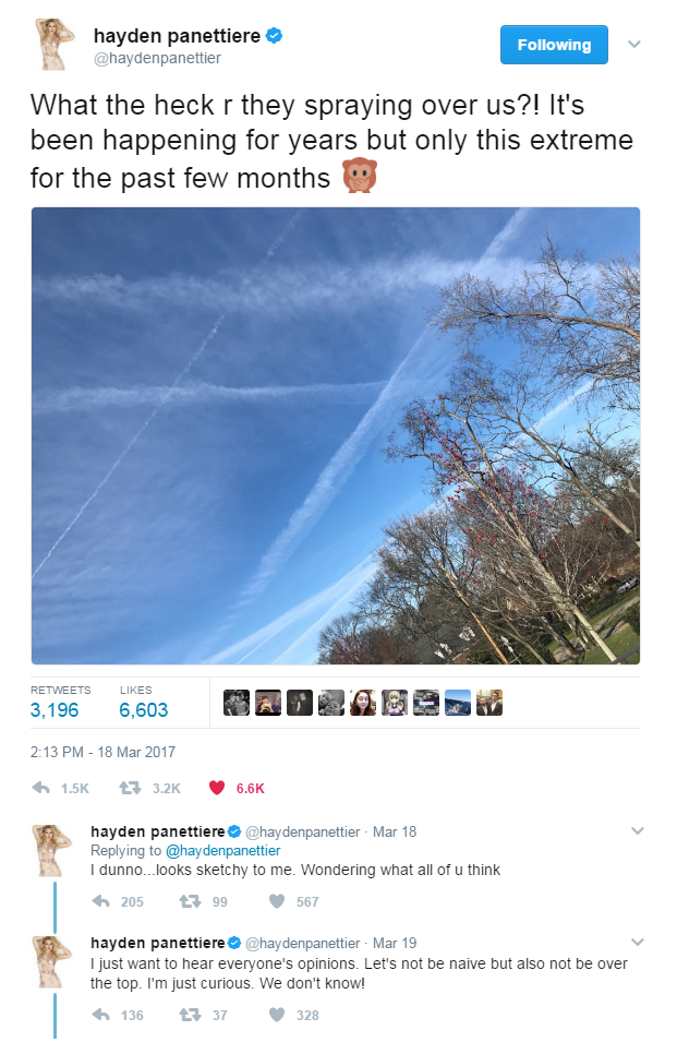 Hayden Panettiere Tweets About Chemtrails